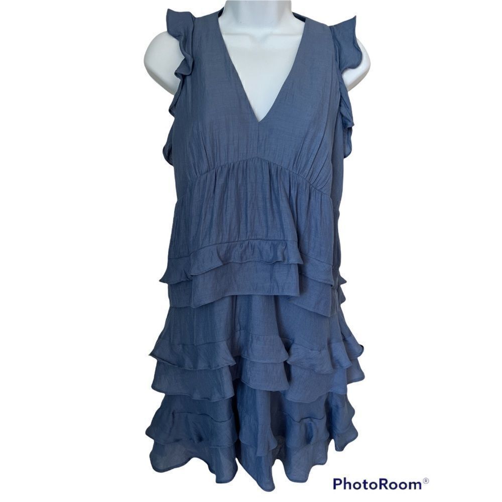 BCBG Maxazria Blue Layered Ruffle V Neck Blue Summer Dress size XS